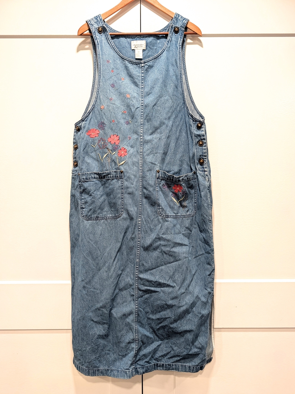 CHRISTOPHER & BANKS Vintage 90s Denim Pinafore Dress with Pink Floral Embroidery